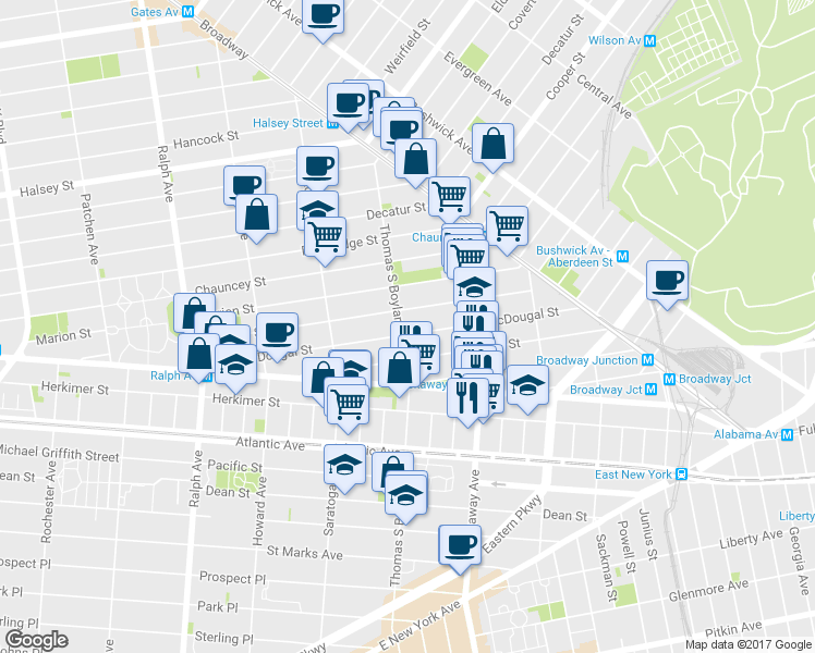 map of restaurants, bars, coffee shops, grocery stores, and more near 181 Macdougal Street in Brooklyn