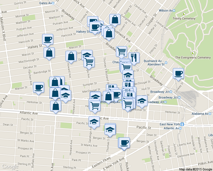 map of restaurants, bars, coffee shops, grocery stores, and more near 181 Macdougal Street in Brooklyn