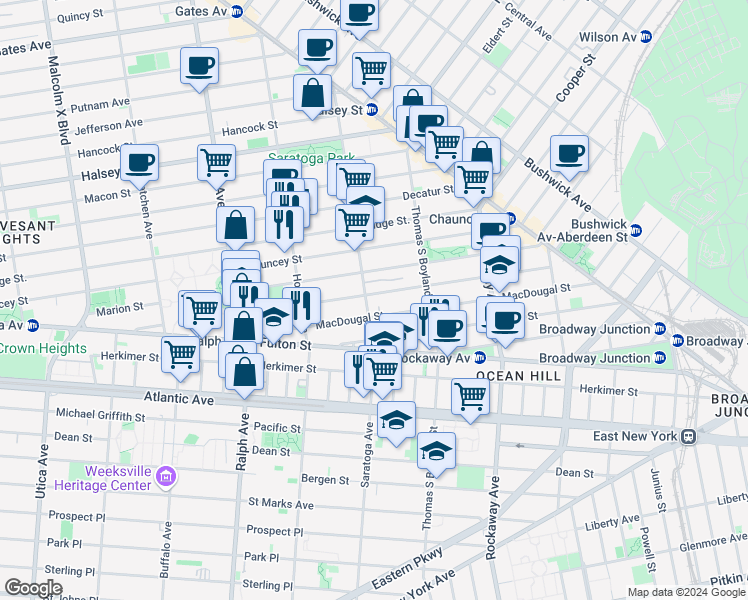 map of restaurants, bars, coffee shops, grocery stores, and more near 184 Saratoga Avenue in Brooklyn