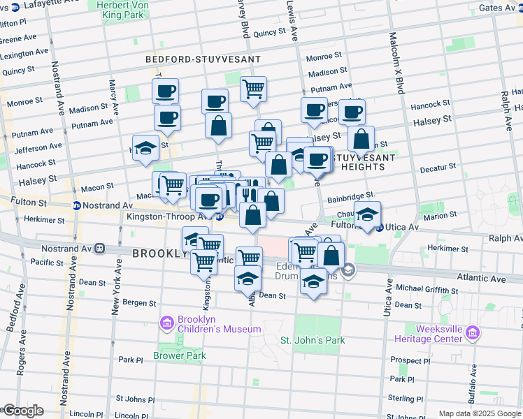 map of restaurants, bars, coffee shops, grocery stores, and more near 1583 Fulton Street in Brooklyn
