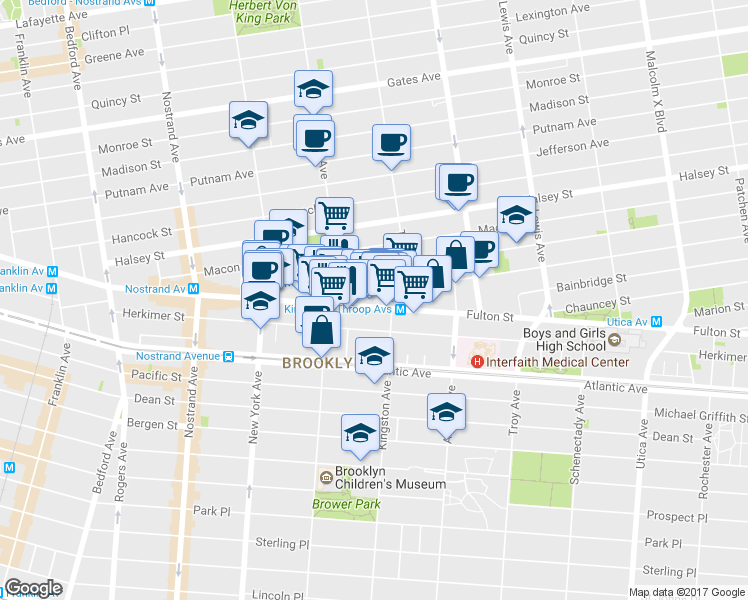 map of restaurants, bars, coffee shops, grocery stores, and more near 1471 Fulton Street in Brooklyn