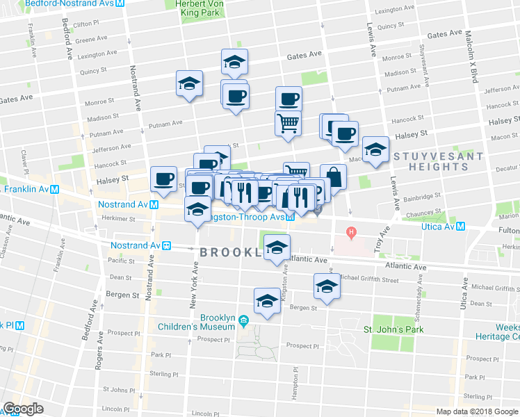 map of restaurants, bars, coffee shops, grocery stores, and more near 1471 Fulton Street in Brooklyn