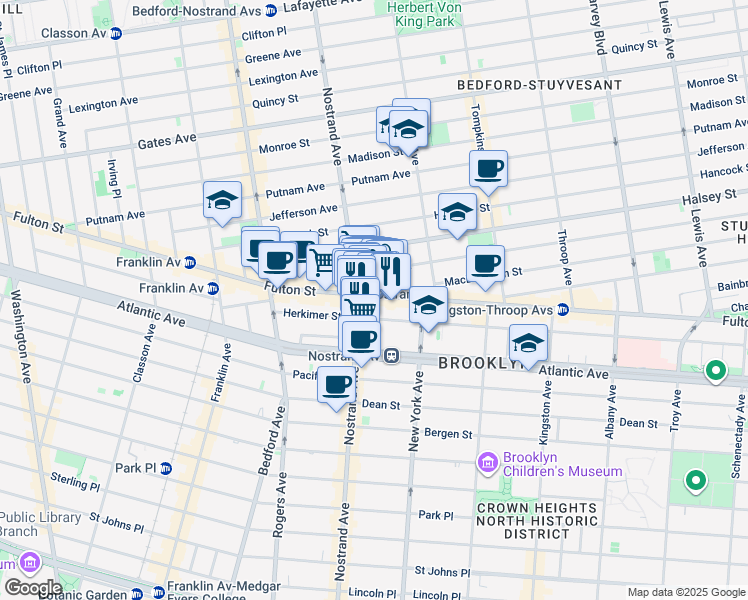 map of restaurants, bars, coffee shops, grocery stores, and more near 1310 Fulton Street in Brooklyn