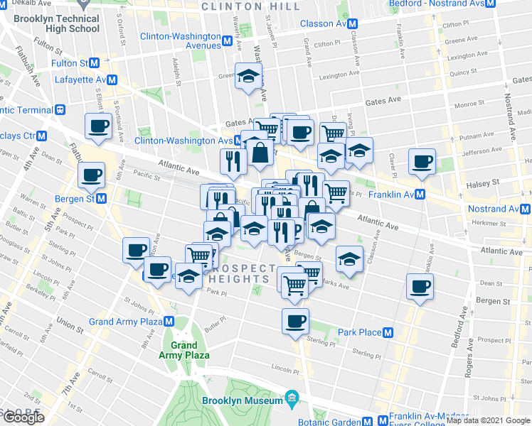 map of restaurants, bars, coffee shops, grocery stores, and more near 34 Underhill Avenue in Brooklyn
