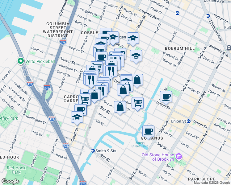 map of restaurants, bars, coffee shops, grocery stores, and more near 281 Carroll Street in Brooklyn