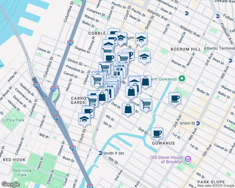 map of restaurants, bars, coffee shops, grocery stores, and more near 281 Carroll Street in Brooklyn