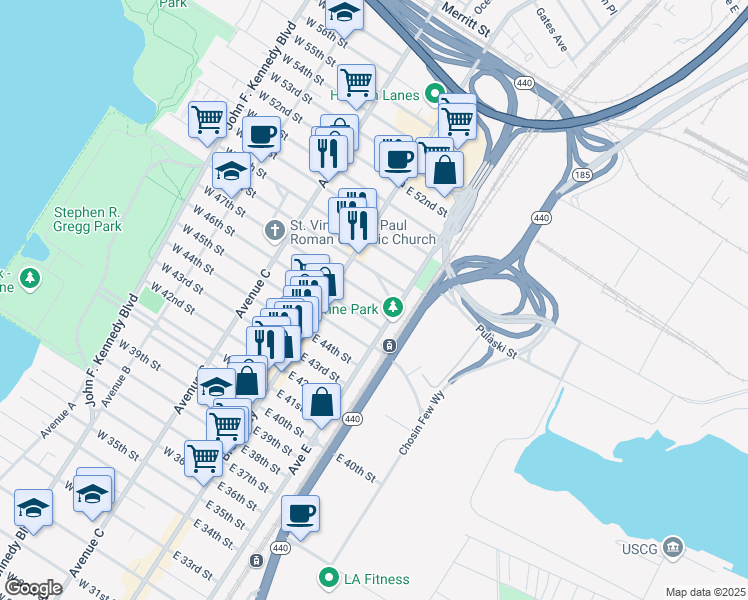 map of restaurants, bars, coffee shops, grocery stores, and more near 27 East 46th Street in Bayonne