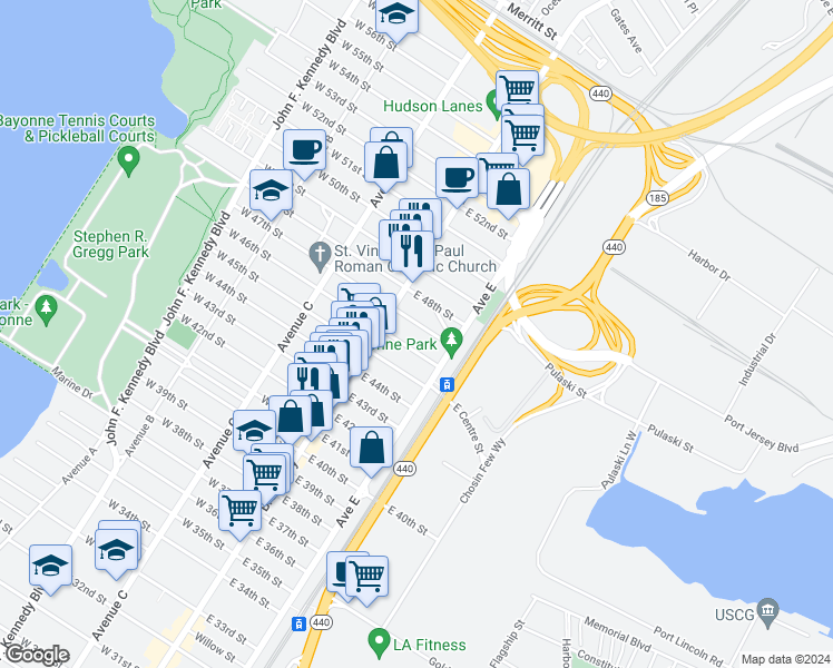 map of restaurants, bars, coffee shops, grocery stores, and more near 27 East 46th Street in Bayonne