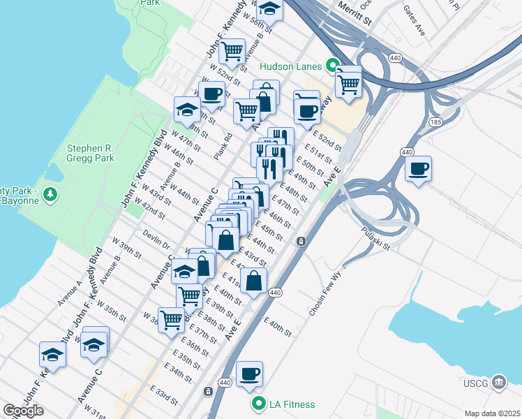 map of restaurants, bars, coffee shops, grocery stores, and more near 950 Broadway in Bayonne