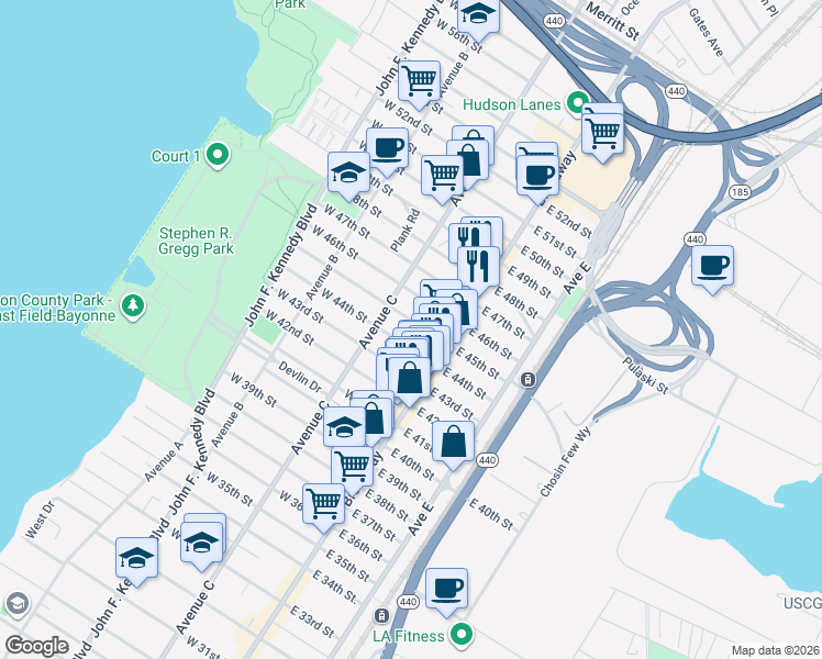 map of restaurants, bars, coffee shops, grocery stores, and more near 24 West 45th Street in Bayonne
