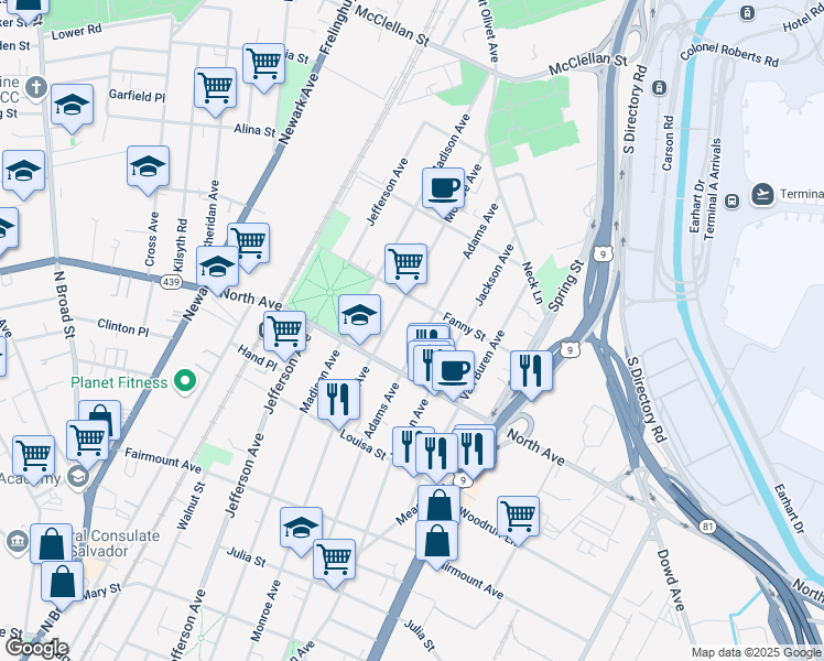 map of restaurants, bars, coffee shops, grocery stores, and more near 834 Adams Avenue in Elizabeth
