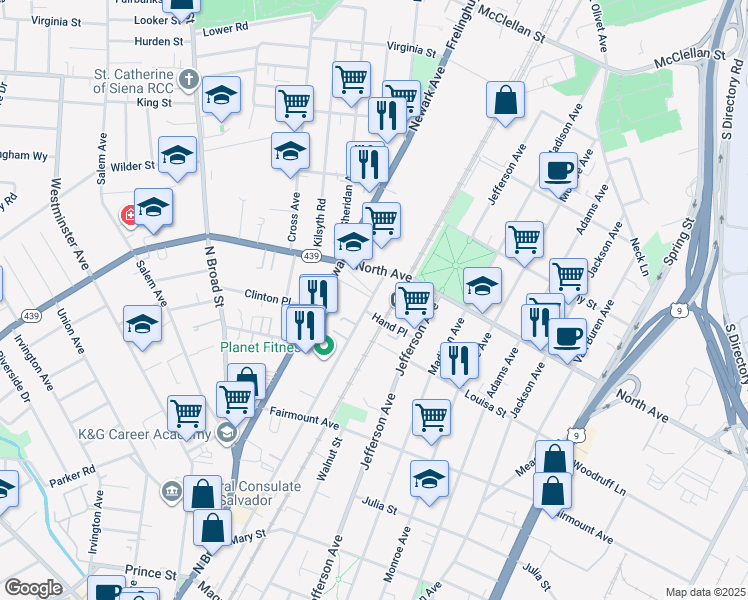 map of restaurants, bars, coffee shops, grocery stores, and more near 715 Pennsylvania Avenue in Elizabeth
