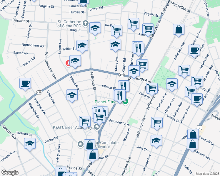 map of restaurants, bars, coffee shops, grocery stores, and more near 1252 Clinton Place in Elizabeth