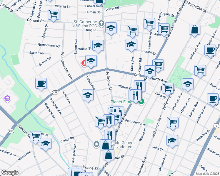 map of restaurants, bars, coffee shops, grocery stores, and more near 712 North Broad Street in Elizabeth