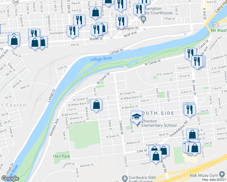 map of restaurants, bars, coffee shops, grocery stores, and more near 201 Canal Park in Easton