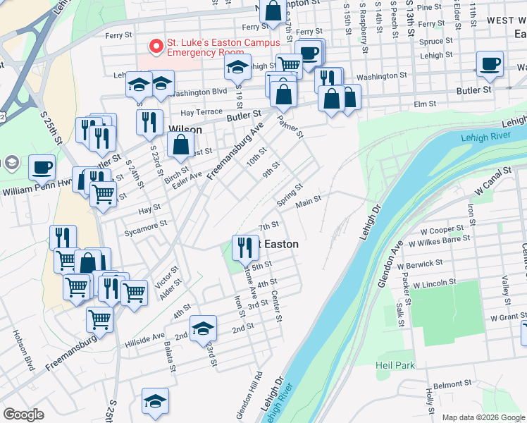 map of restaurants, bars, coffee shops, grocery stores, and more near 213 Spring Street in Easton