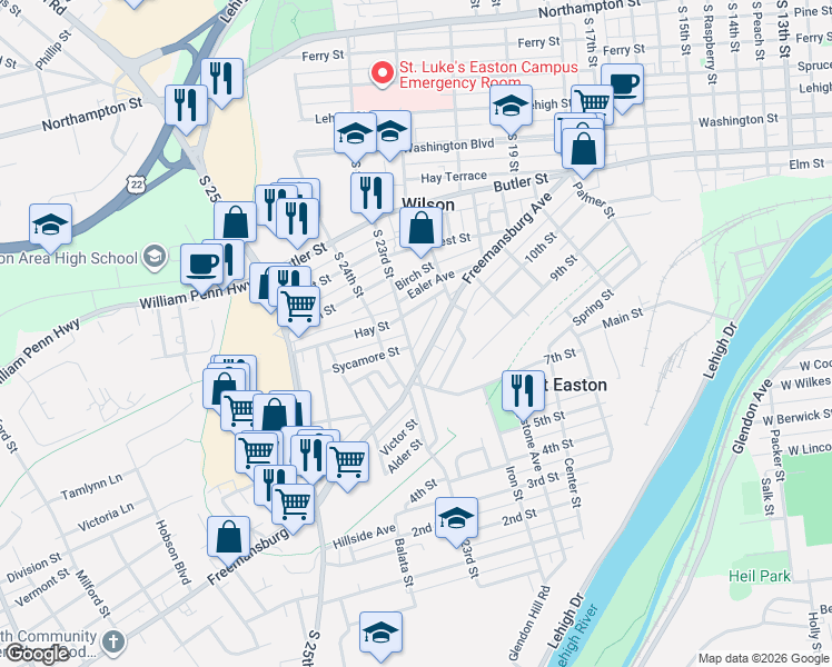 map of restaurants, bars, coffee shops, grocery stores, and more near 2307 Sycamore Street in Easton