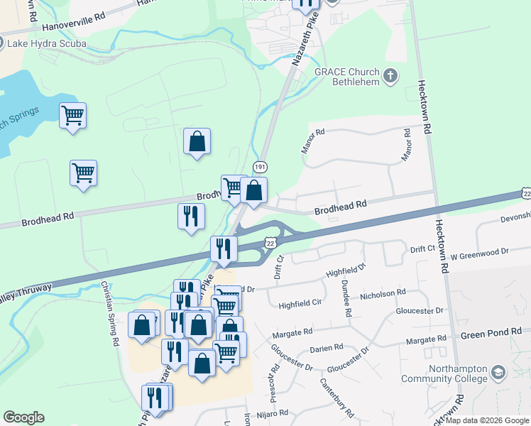 map of restaurants, bars, coffee shops, grocery stores, and more near 4078 Nazareth Pike in Bethlehem