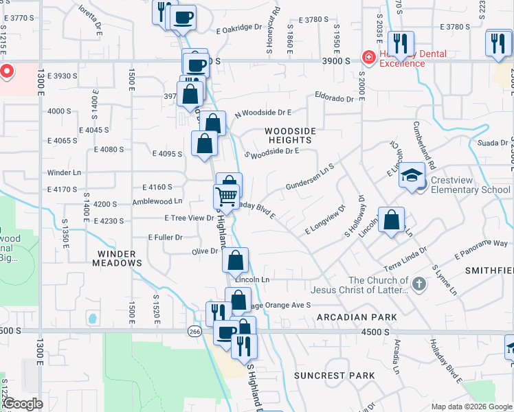map of restaurants, bars, coffee shops, grocery stores, and more near 3905 South Holladay Court in Millcreek