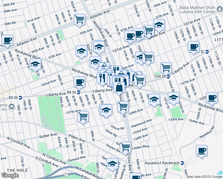 map of restaurants, bars, coffee shops, grocery stores, and more near 10703 93rd Street in Queens