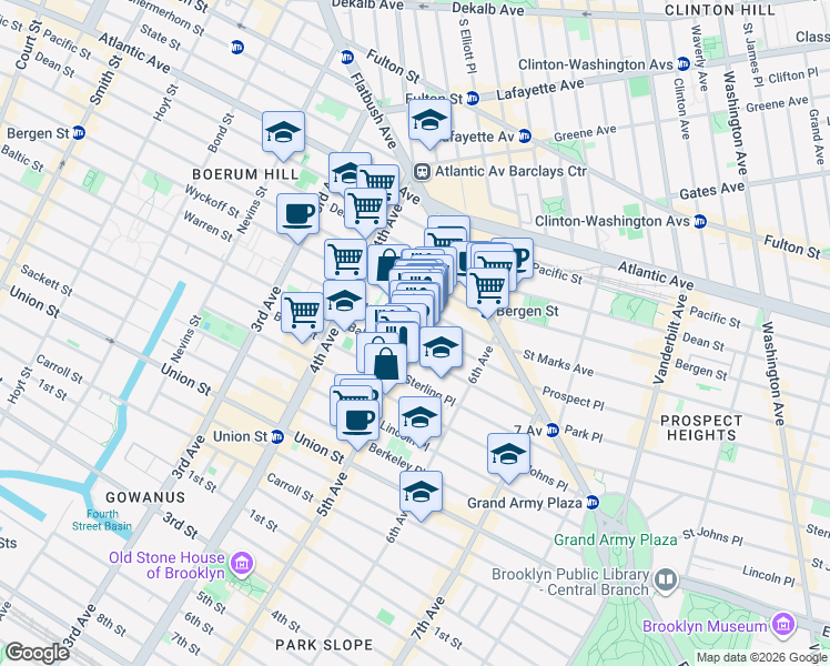 map of restaurants, bars, coffee shops, grocery stores, and more near 5th Ave & Warren St in Brooklyn