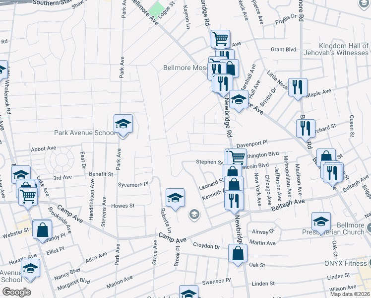 map of restaurants, bars, coffee shops, grocery stores, and more near 2322 Henry Street in North Bellmore