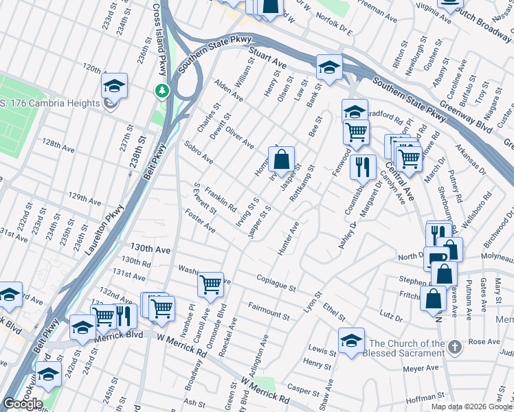 map of restaurants, bars, coffee shops, grocery stores, and more near 1 Jasper Street South in Valley Stream