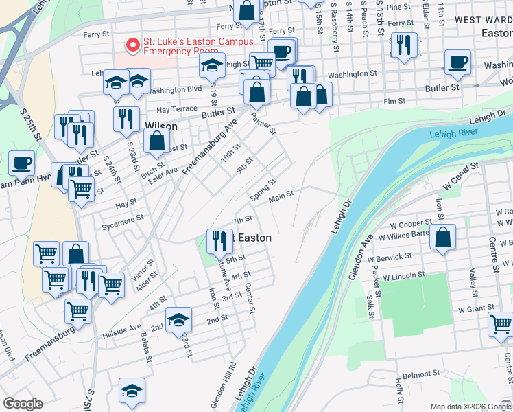 map of restaurants, bars, coffee shops, grocery stores, and more near 125 Main Street in Easton