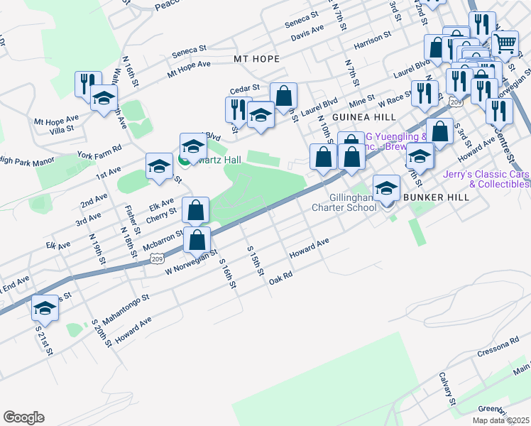 map of restaurants, bars, coffee shops, grocery stores, and more near 1405 West Market Street in Pottsville