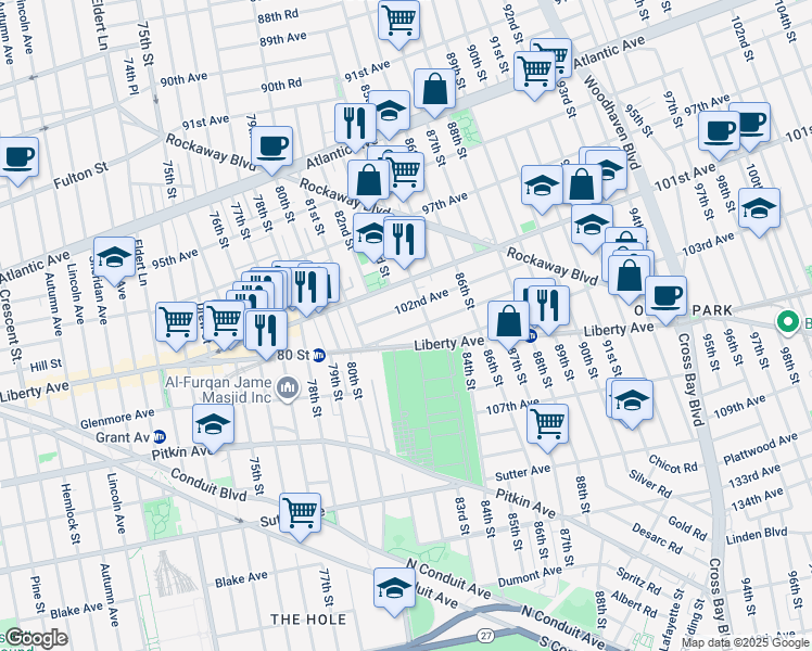 map of restaurants, bars, coffee shops, grocery stores, and more near 81-49 102nd Road in Queens