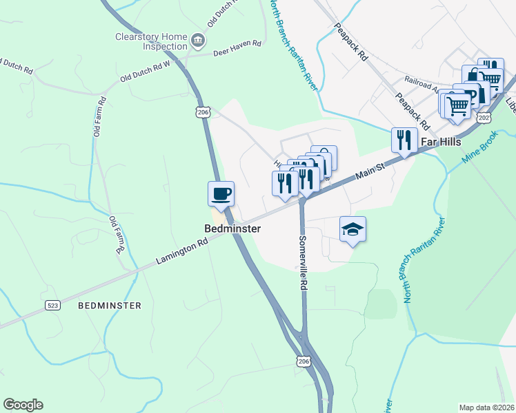 map of restaurants, bars, coffee shops, grocery stores, and more near 2395 Lamington Road in Bedminster