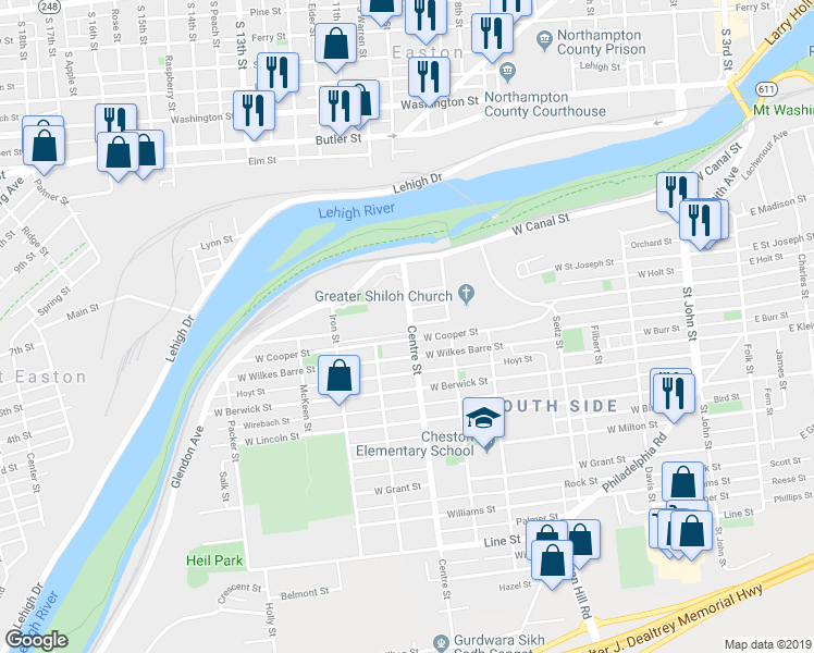 map of restaurants, bars, coffee shops, grocery stores, and more near 108 Canal Park in Easton