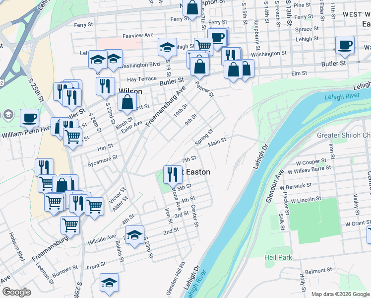 map of restaurants, bars, coffee shops, grocery stores, and more near 213 Spring Street in Easton
