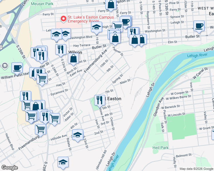 map of restaurants, bars, coffee shops, grocery stores, and more near 213 Spring Street in Easton