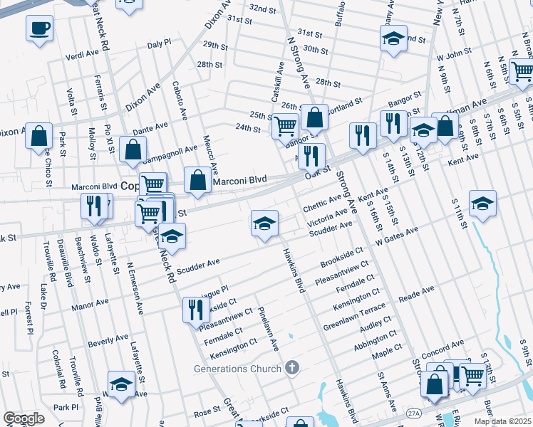 map of restaurants, bars, coffee shops, grocery stores, and more near 114 Clubhouse Drive in Copiague
