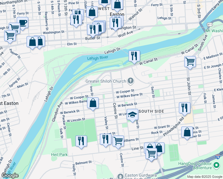 map of restaurants, bars, coffee shops, grocery stores, and more near 108 Canal Park in Easton