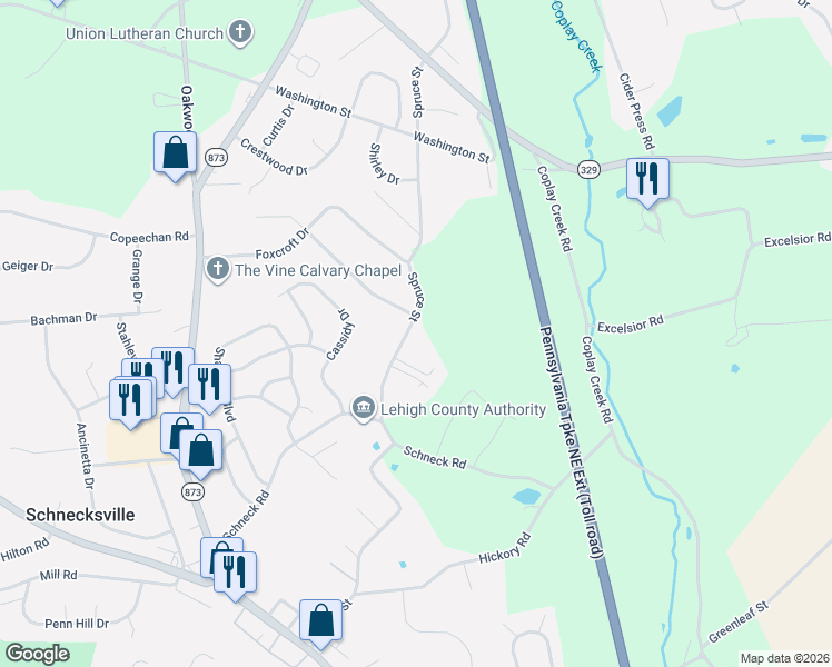 map of restaurants, bars, coffee shops, grocery stores, and more near 5131 Spruce St in Schnecksville