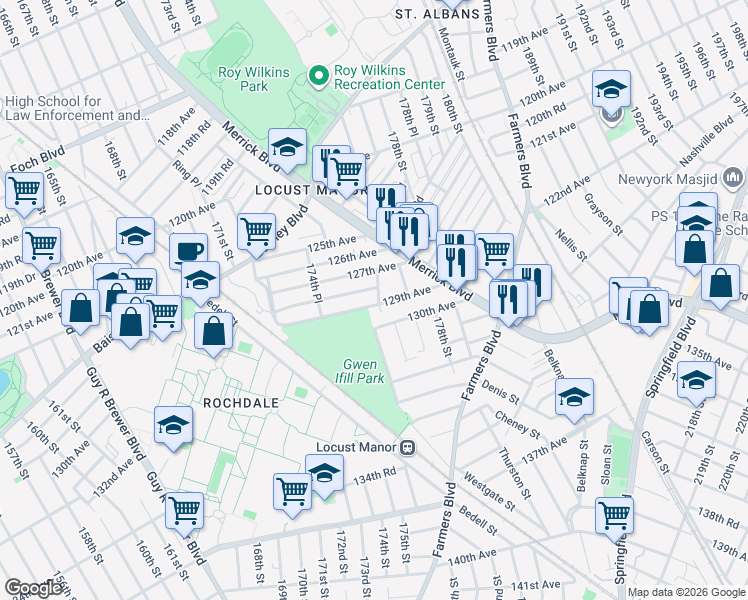 map of restaurants, bars, coffee shops, grocery stores, and more near 174-63 129th Avenue in Queens