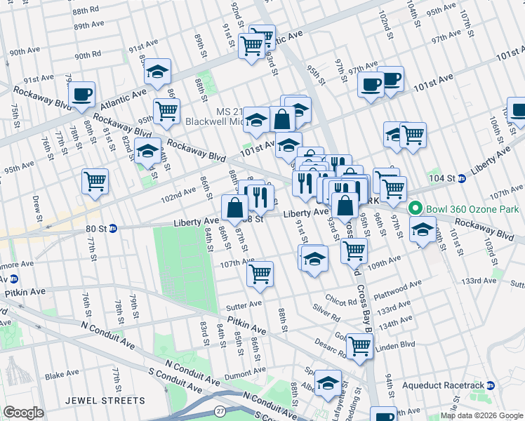 map of restaurants, bars, coffee shops, grocery stores, and more near 105-13 89th Street in Queens