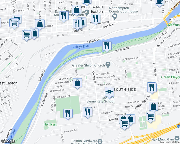 map of restaurants, bars, coffee shops, grocery stores, and more near 209 Canal Park in Easton