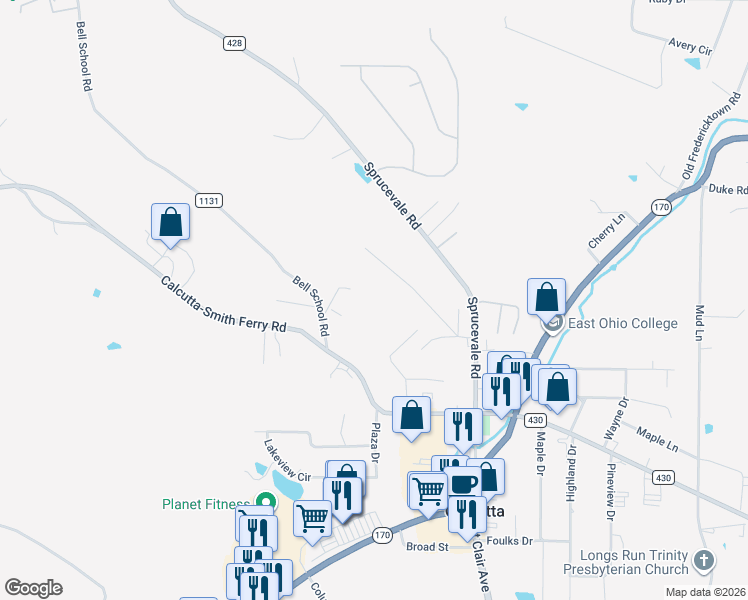 map of restaurants, bars, coffee shops, grocery stores, and more near 48444 Bell School Road in Calcutta