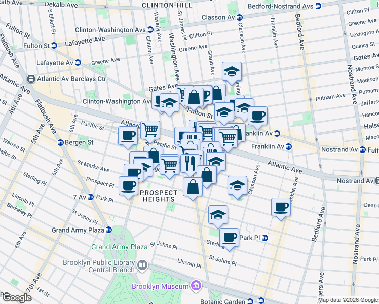 map of restaurants, bars, coffee shops, grocery stores, and more near Washington Ave & Pacific St in Brooklyn