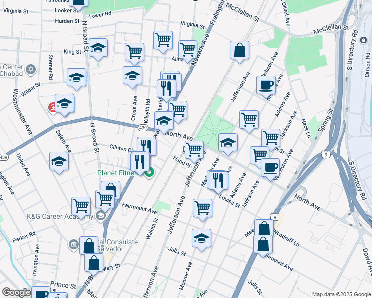 map of restaurants, bars, coffee shops, grocery stores, and more near 1180 North Avenue in Elizabeth