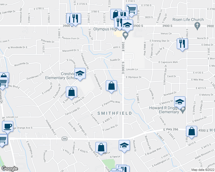 map of restaurants, bars, coffee shops, grocery stores, and more near 4204 South Panorama Drive in Holladay