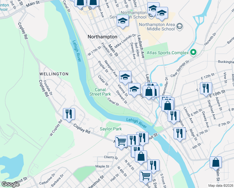 map of restaurants, bars, coffee shops, grocery stores, and more near 1362 Segal Court in Northampton