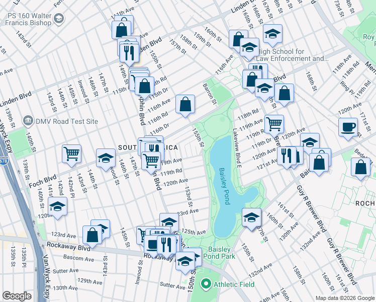 map of restaurants, bars, coffee shops, grocery stores, and more near 118-63 154th Street in Queens