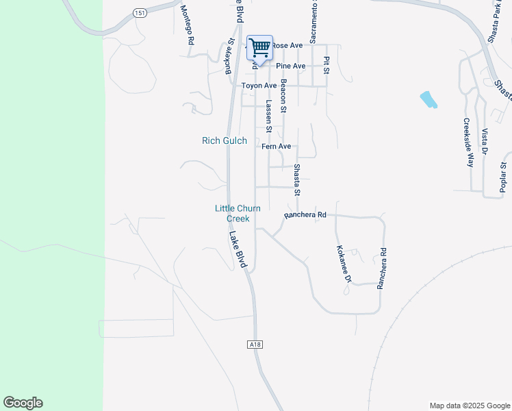 map of restaurants, bars, coffee shops, grocery stores, and more near 13487-13533 Hill Blvd in Shasta Lake