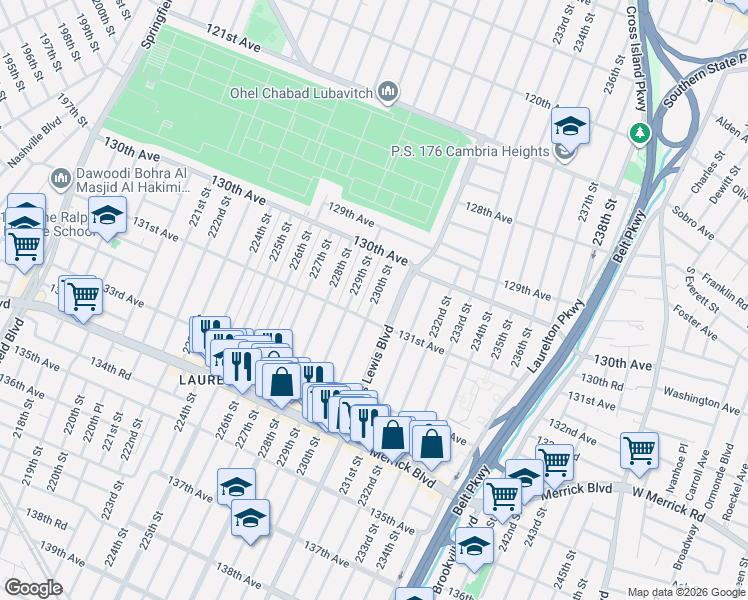 map of restaurants, bars, coffee shops, grocery stores, and more near 130-64 230th Street in Queens