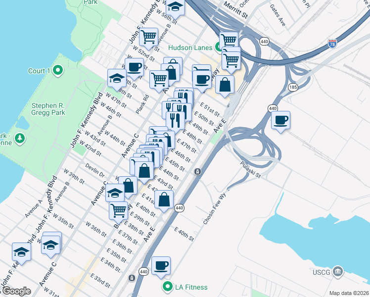 map of restaurants, bars, coffee shops, grocery stores, and more near 27 East 46th Street in Bayonne