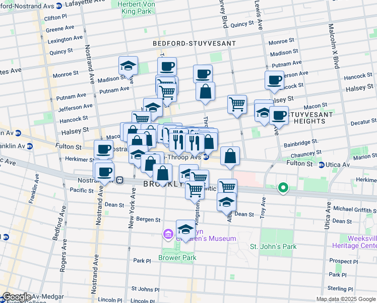 map of restaurants, bars, coffee shops, grocery stores, and more near 1471 Fulton Street in Brooklyn